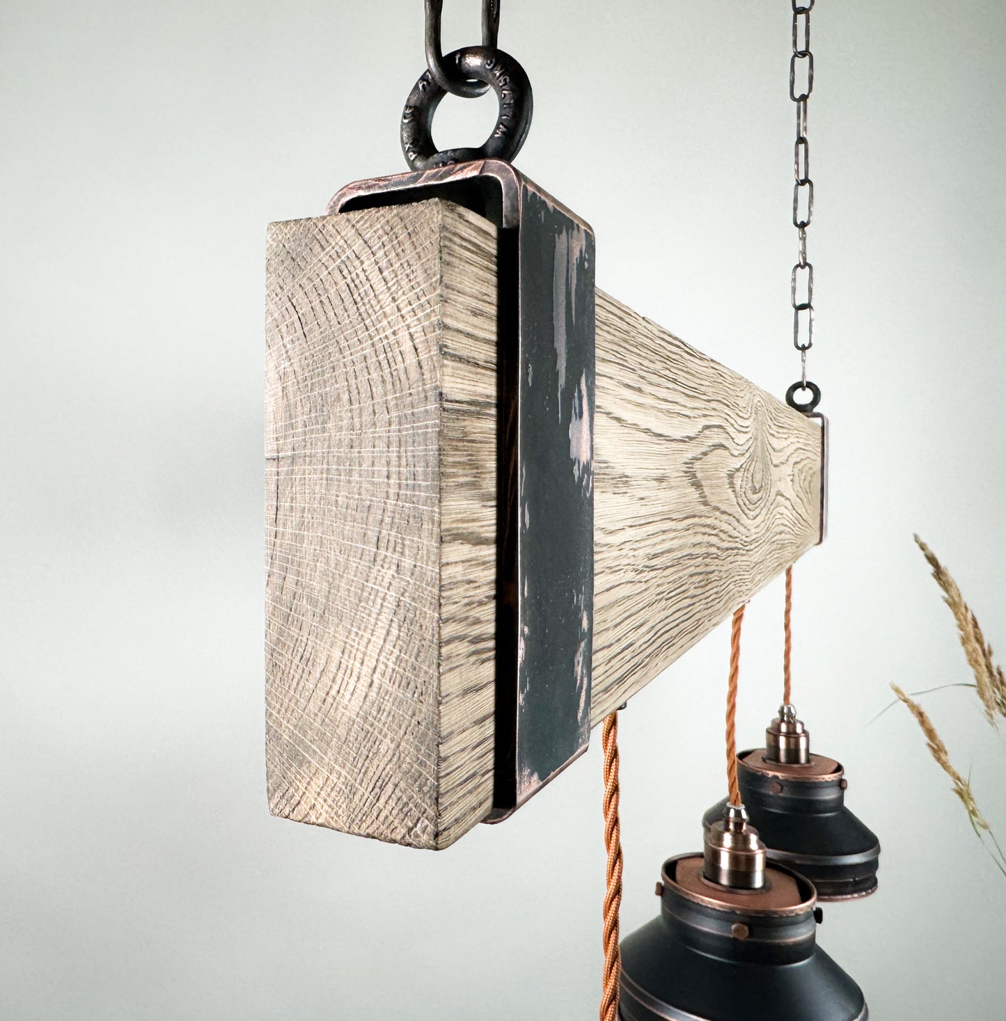 Elm beam , Industrial lighting ,Patina Light fixture ,Rustic chandelier , Pendant light