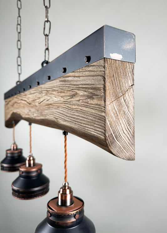 Elm beam , Industrial lighting ,Patina Light fixture ,Rustic chandelier , Pendant light
