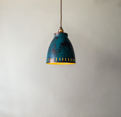 Blue Patina Copper Hanging Light – Rustic Industrial Pendant Lamp