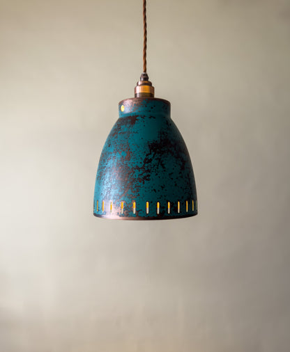 Blue Patina Copper Hanging Light – Rustic Industrial Pendant Lamp